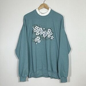 Vintage Morning Sun Womens Sweatshirt XL Green Floral Layered Look 90s Cottage